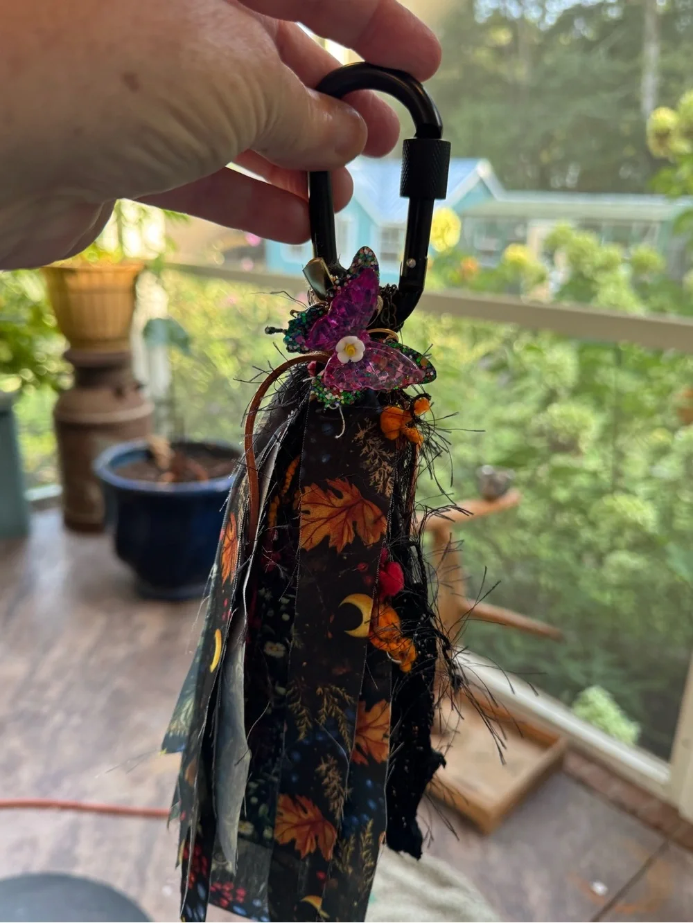 Handmade Autumn Leaf Ribbon Bag Charm Keychain - Black